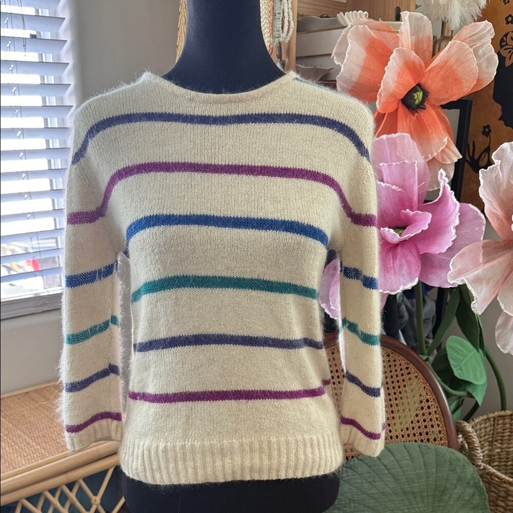 Vintage 70s/80s Casual Corner Cream Stripe Silk Blend Preppy Popover Sweater